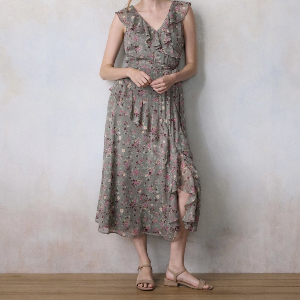 Sage/Olive Floral Asymmetrical Ruffle Maxi Dress Flutter Sleeve Flirt Med NWT